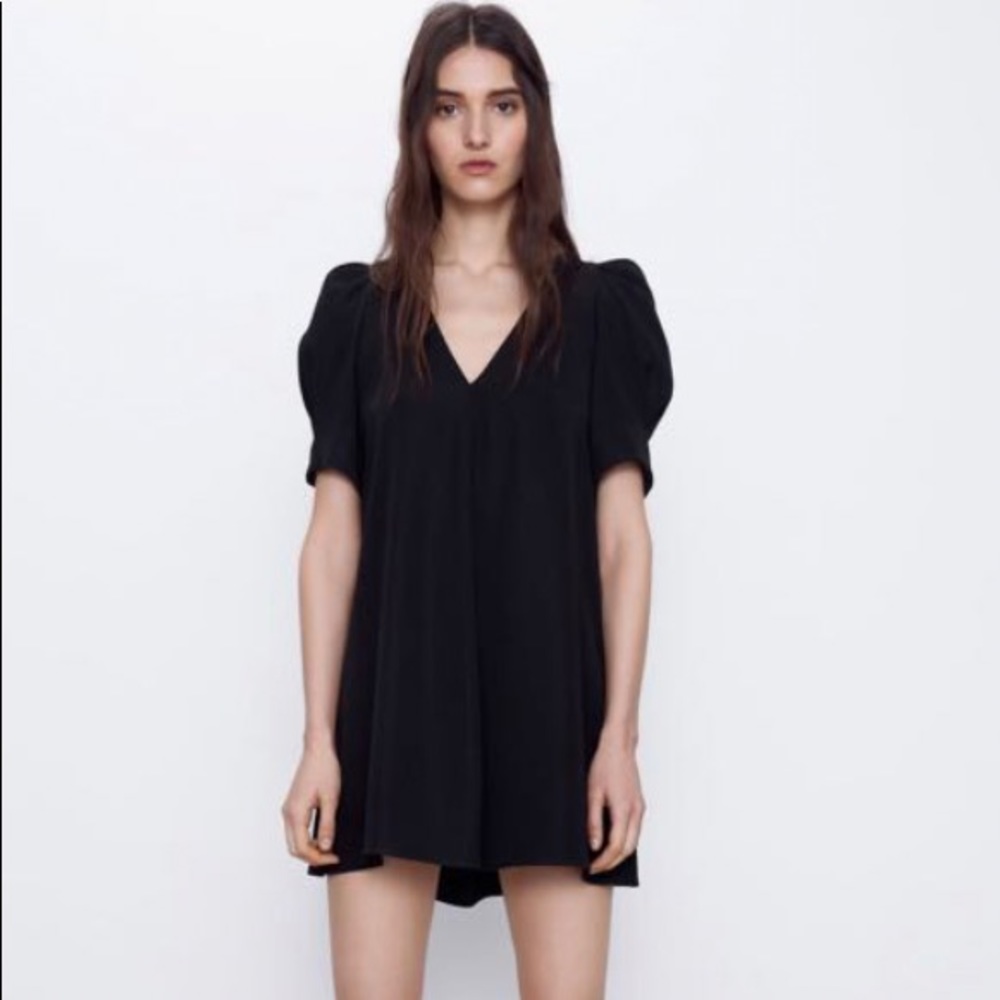 Zara Black Puff Sleeve Mini Dress V Neck Small